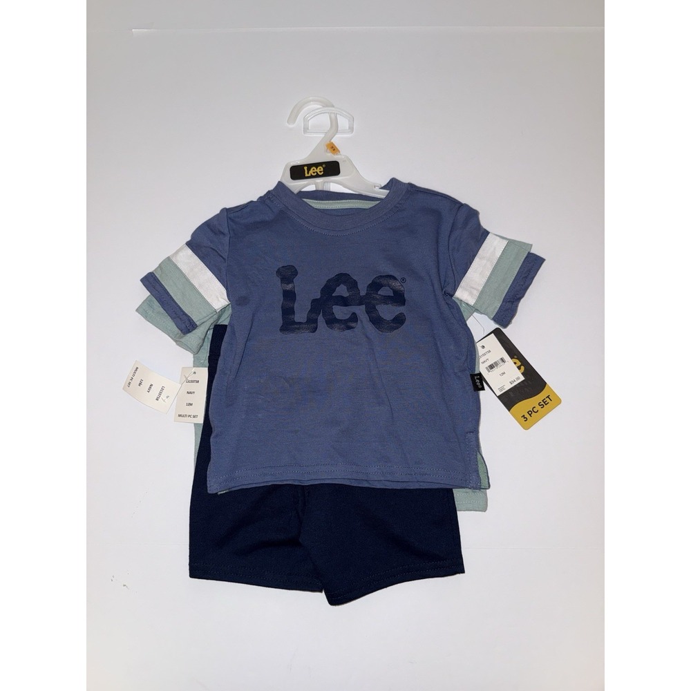 Lee Boys Outfit 12M 3 Piece Set Baby Blue Shorts T-Shirts Logo Matching Set NWT